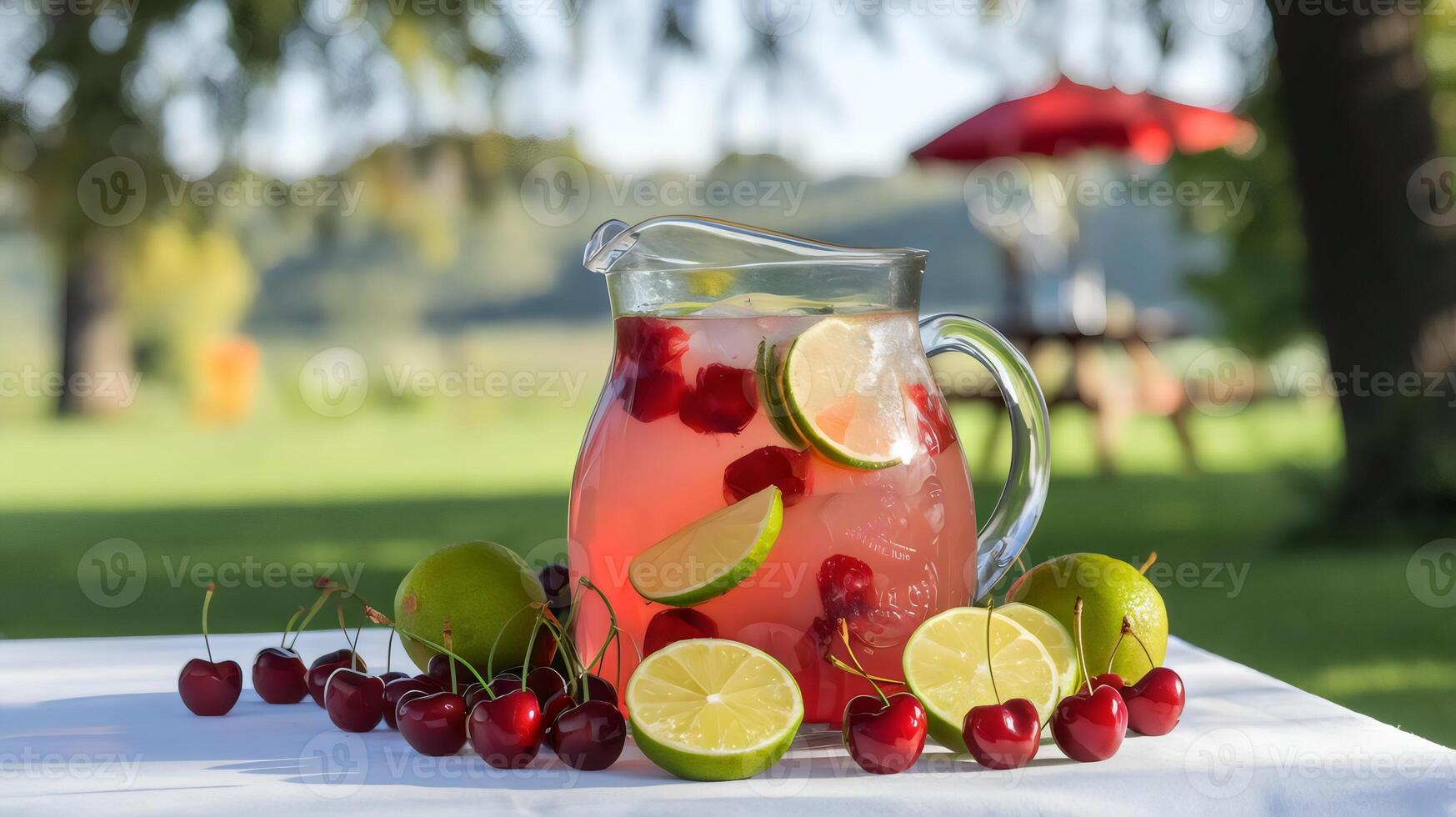 Cherry limeade pitcher with cherries and limes on a green lawn with trees photo