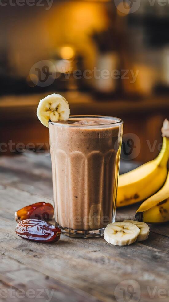 Banana date smoothie on a rustic wooden table with dates and banana slices photo