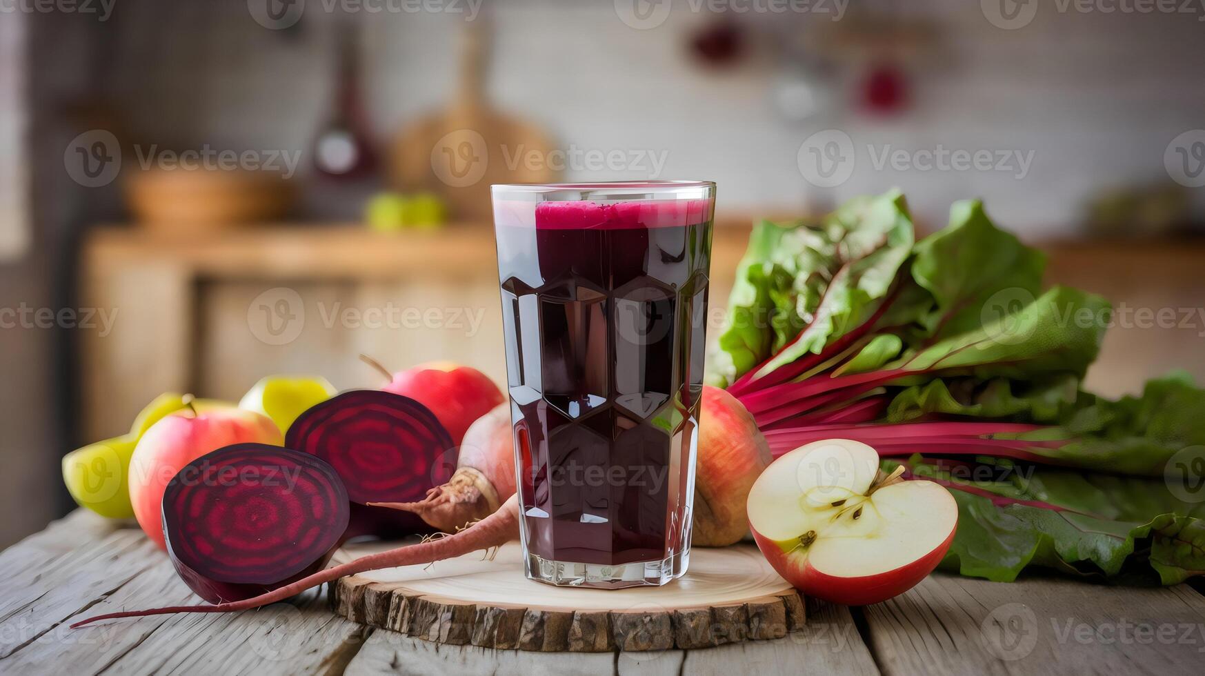 Bold red beet and apple juice on a rustic wooden table photo