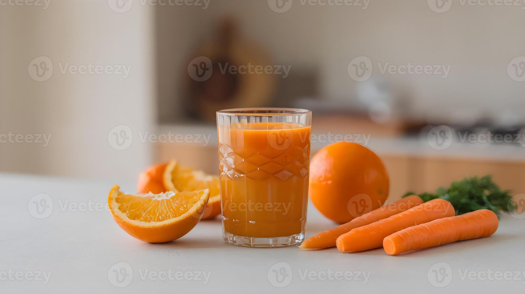 Orange and carrot juice with orange slices and carrot sticks on a minimalist white countertop in an indoor kitchen photo