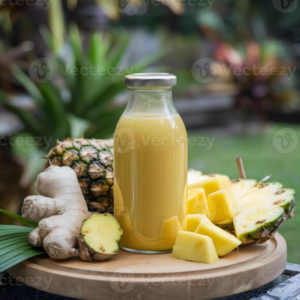Ginger pineapple juice in a glass bottle with ginger and pineapple in a garden setting photo