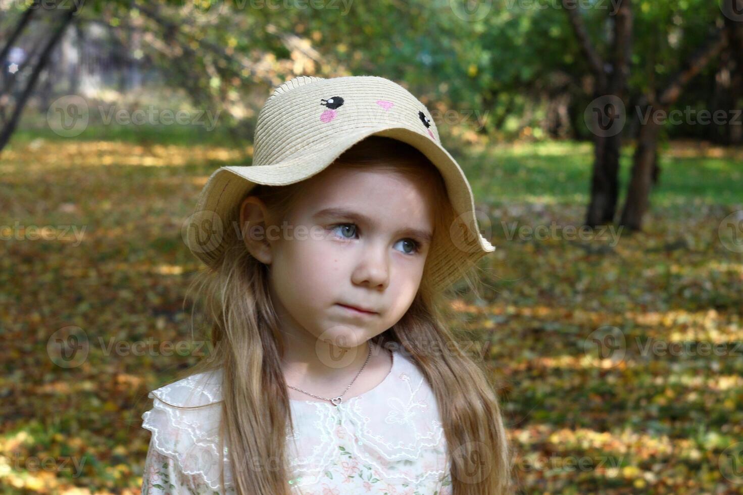 Portrait of little girl in a straw hat and floral dress standing in a park on warm autumn weather. photo