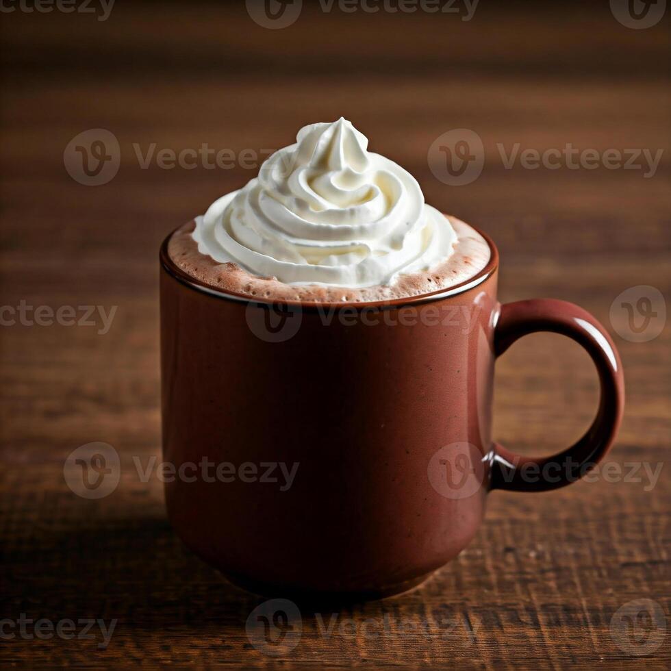 The cup of hot chocolate or coffee in rich mocha-toned mug with a smooth, whipped cream topping. Ideas for cozy winter settings, coffee shop themes, or lifestyle. photo