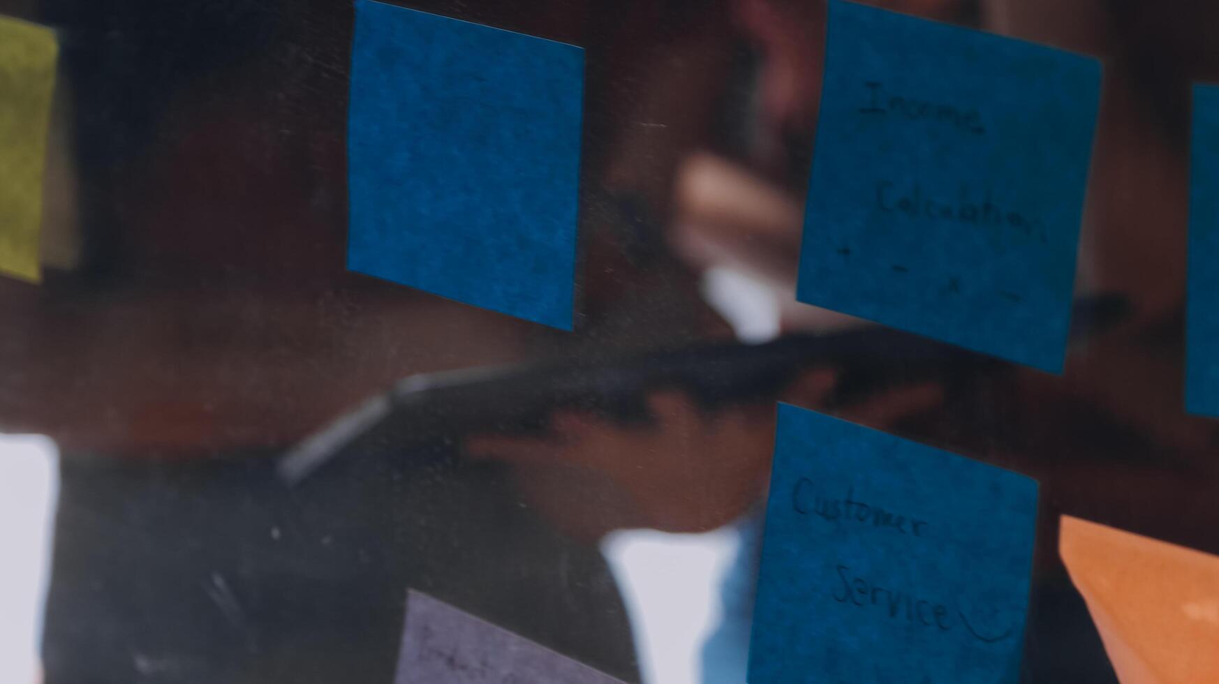A person is looking at a post it note board photo