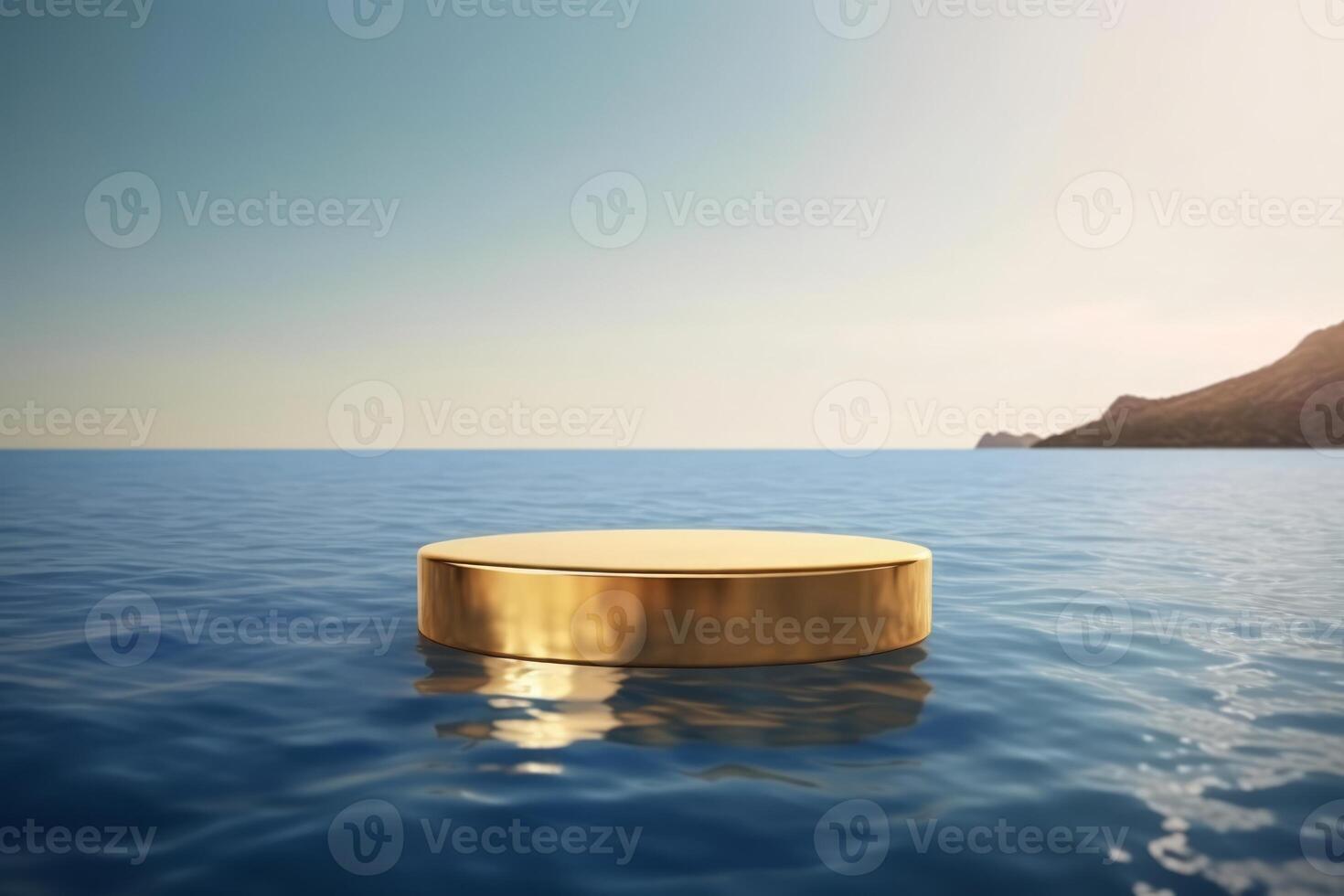 Golden podium standing in sea water. 3D Podium mock up. Ceramic background cylinder. 3d rendering illustration. photo