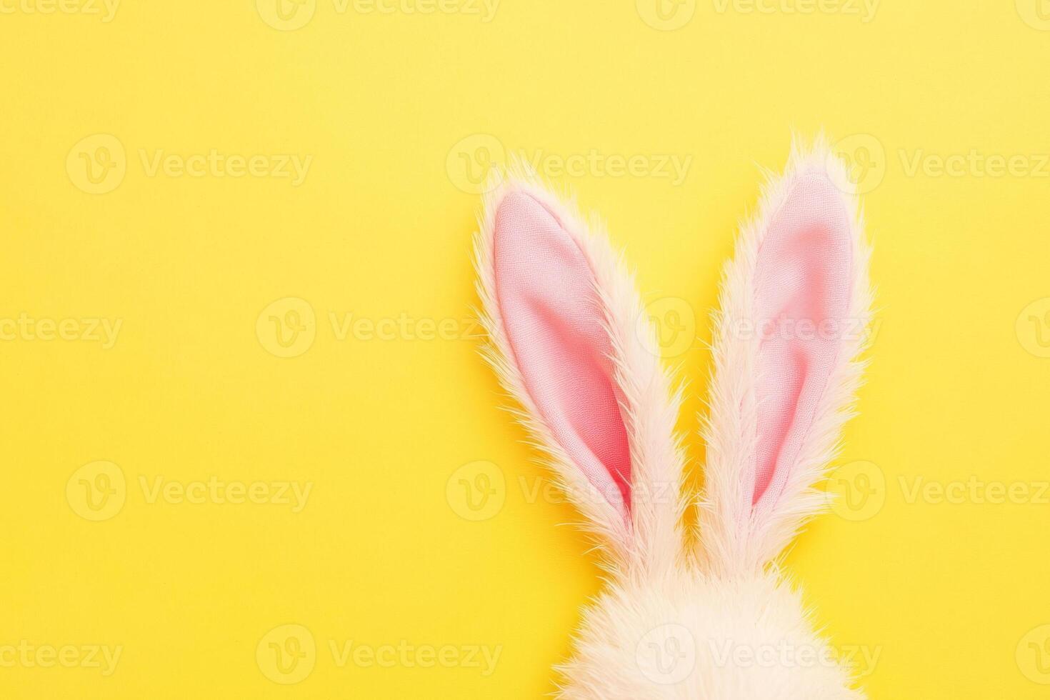 White fluffy bunny ears peek from edge on vibrant yellow background photo