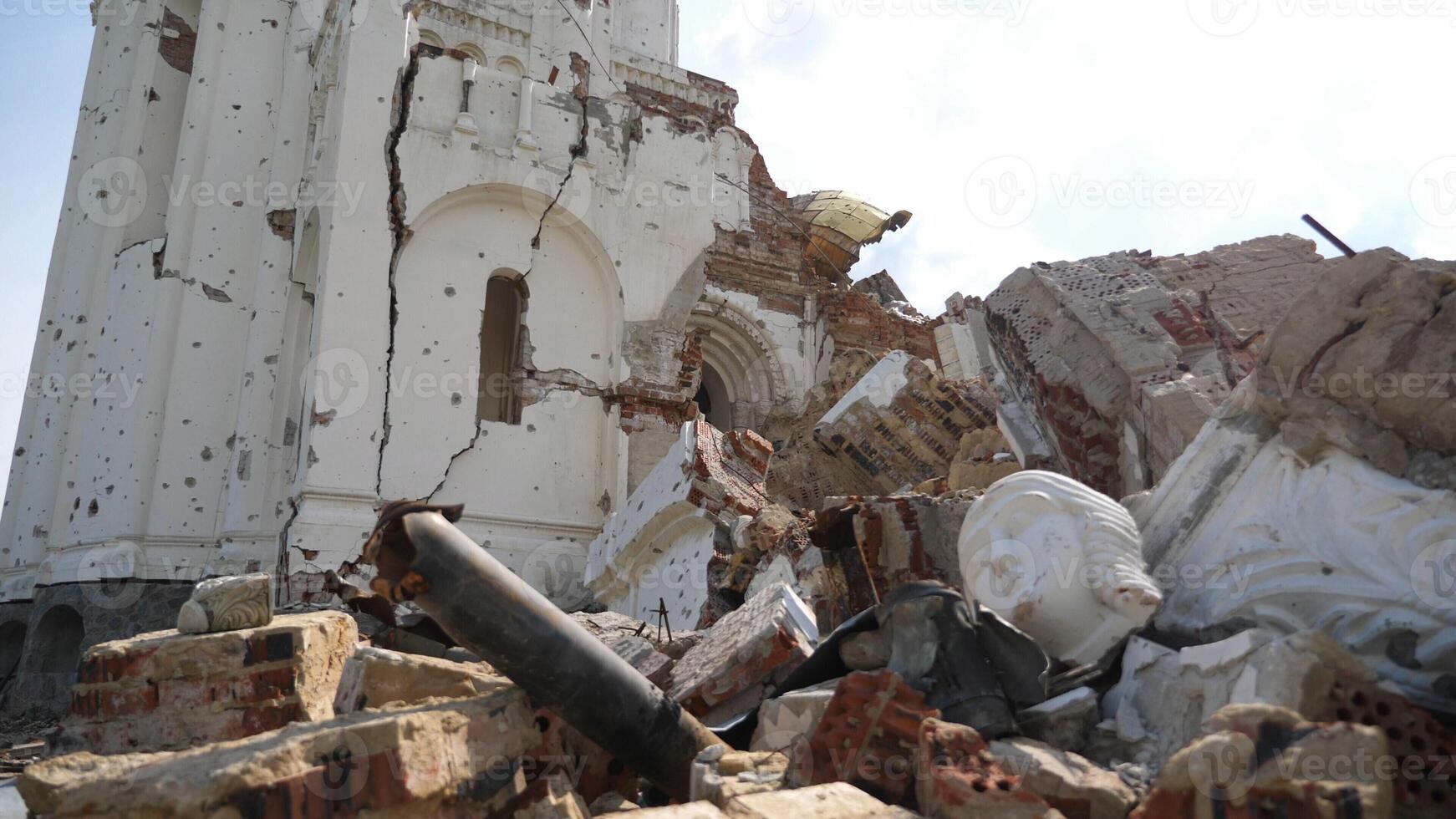 View to destroyed church at Kharkivska oblast. Ruined building after bomb attacks on ukrainian territory from russia army. Consequences of russian invasion of Ukraine. Slow motion photo