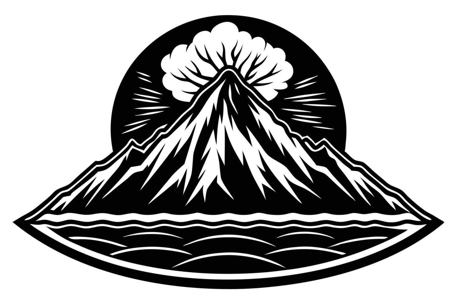 Intense black and white mountain illustration with erupting volcano. vector