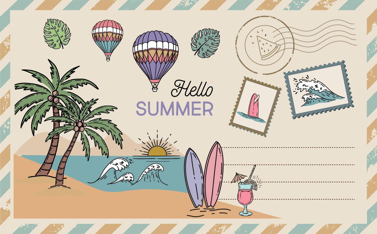 Hello summer, card, Postcard, mail, hand drawn illustrations. vector