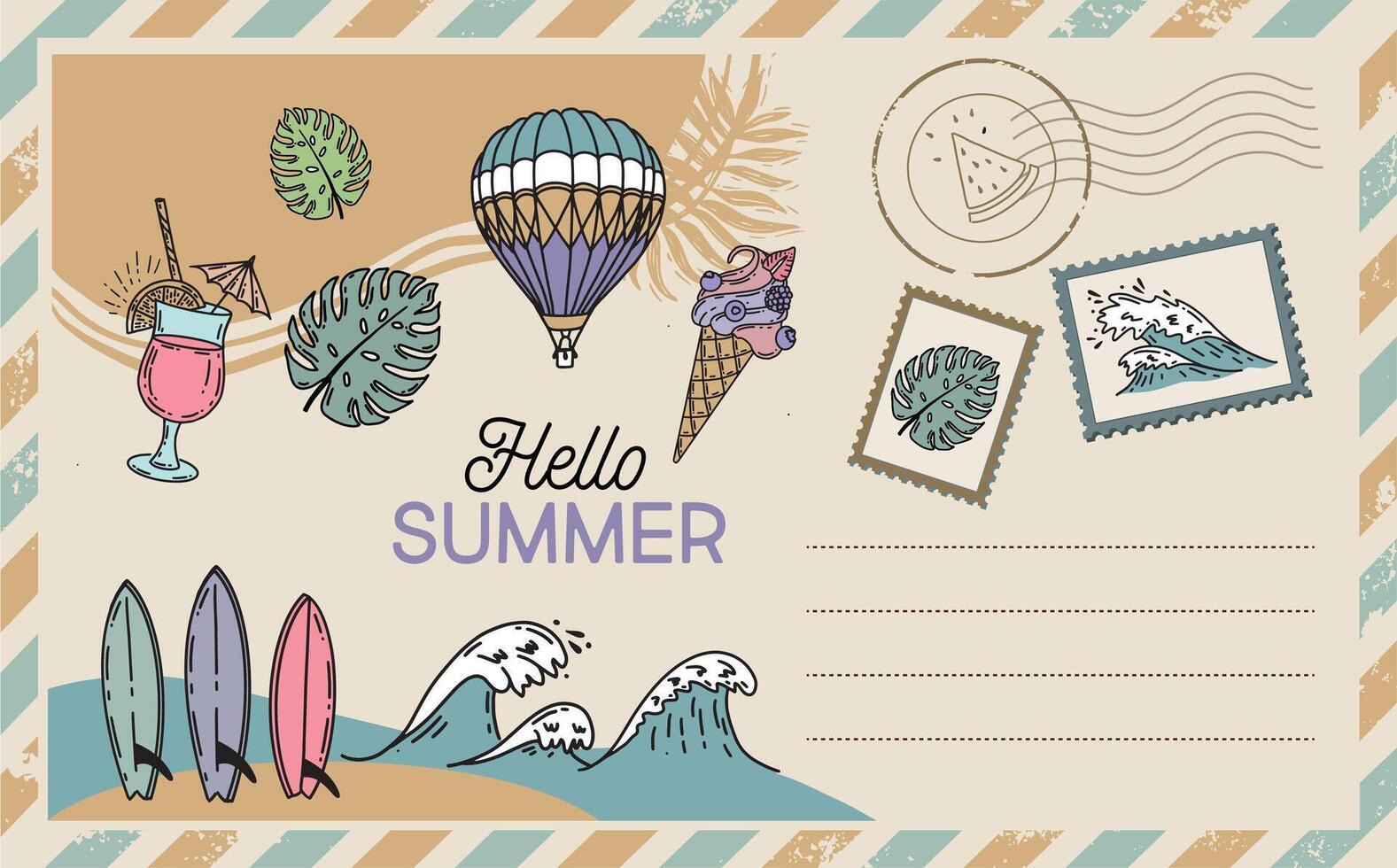 Postcard, mail, Hello summer, hand drawn vector
