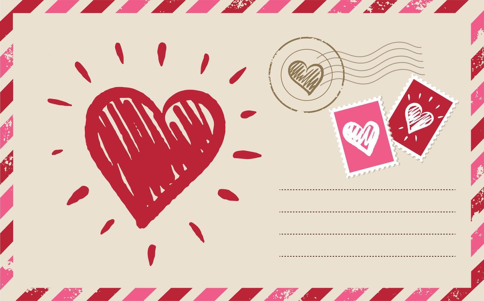 Valentines Day. Postcard, mail with Heart, hand drawn. vector
