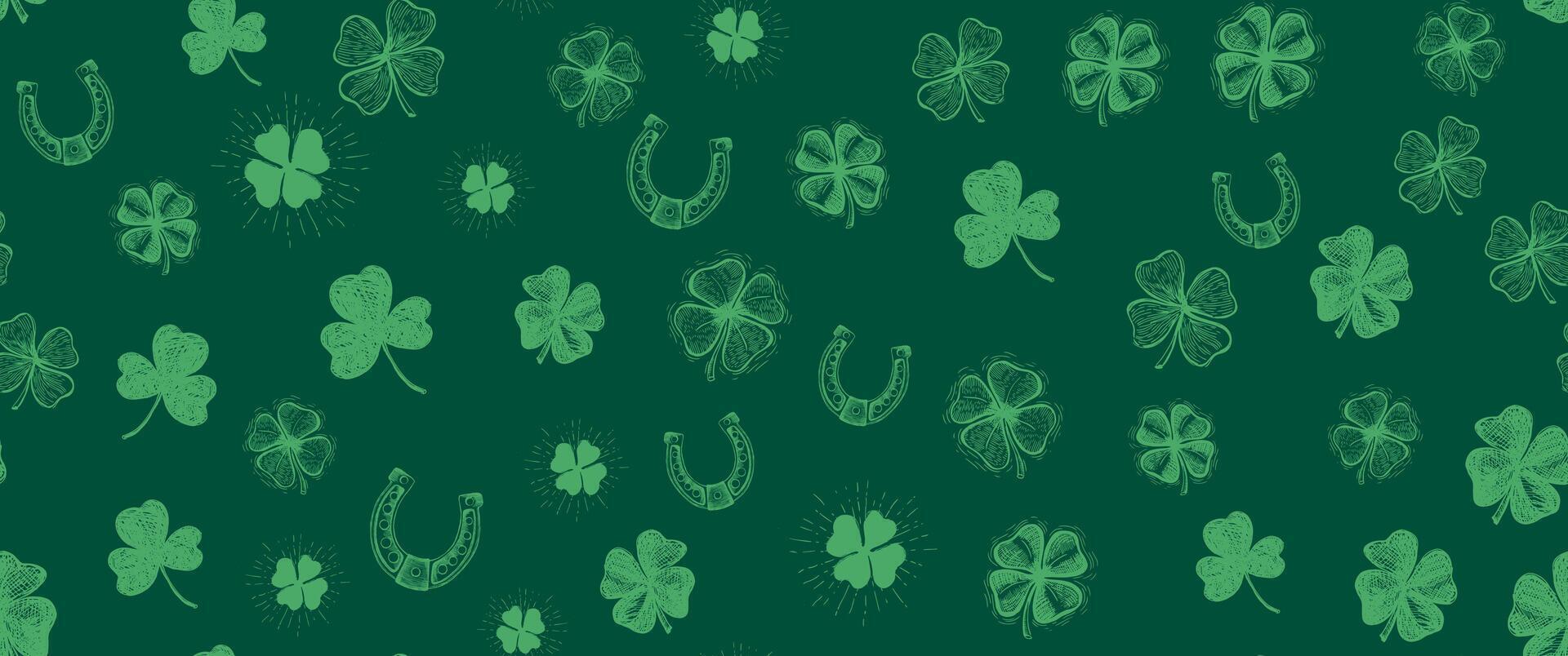 Patricks Day, clover pattern on green. Hand drawn illustrations. vector