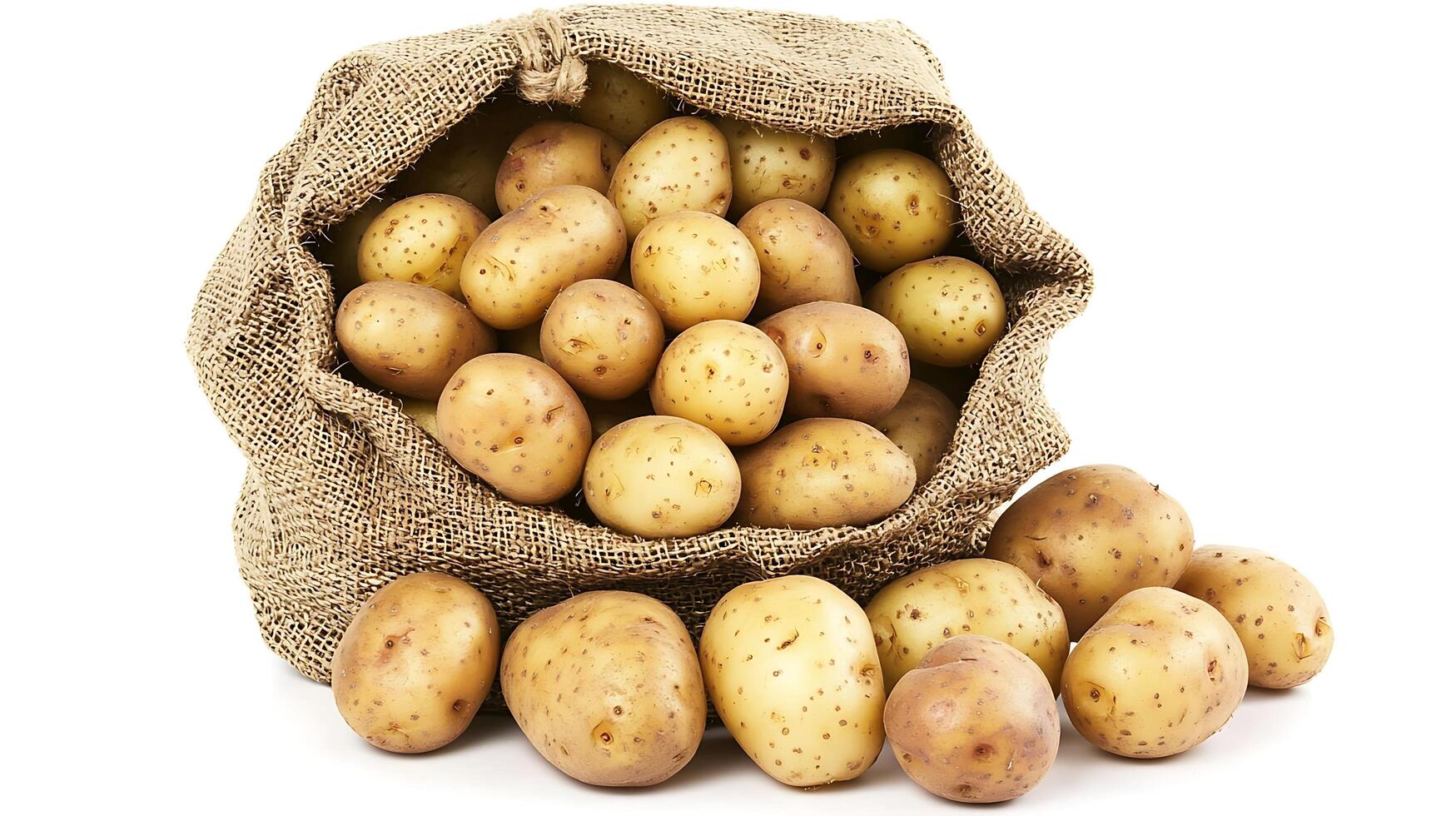 A burlap sack overflowing with fresh potatoes photo