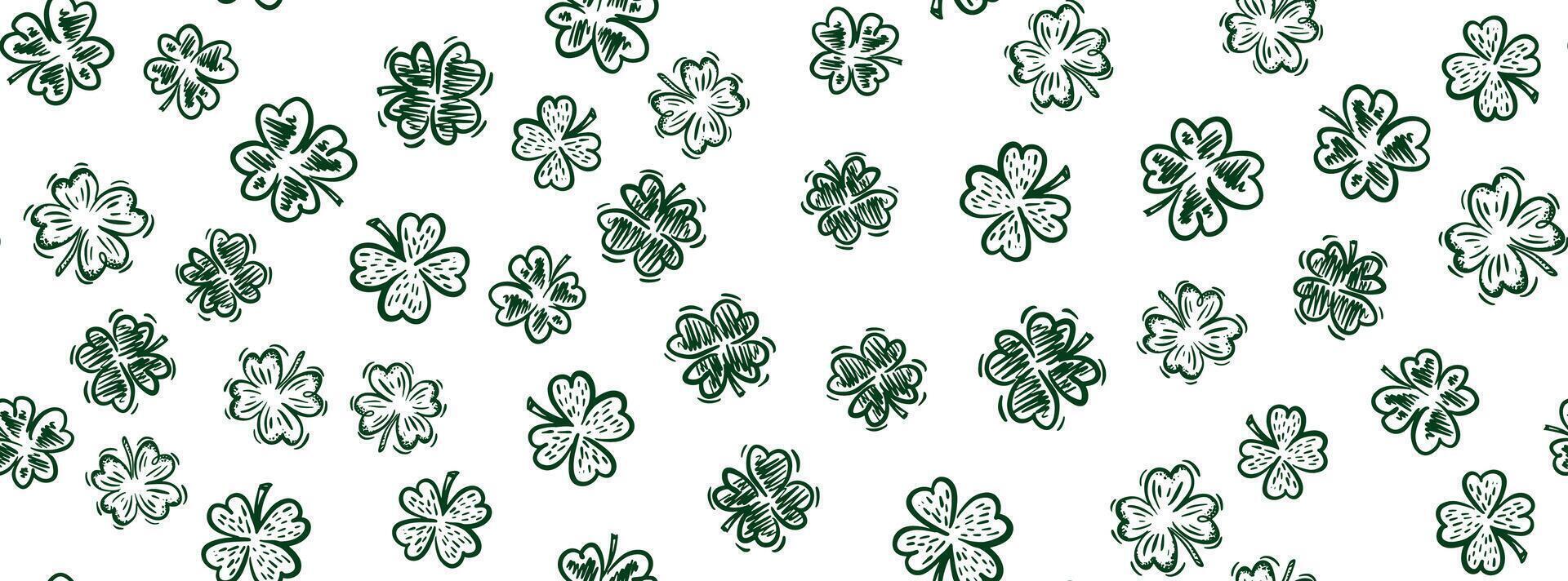 Clover pattern on white, hand drawn illustrations. Patricks Day. vector