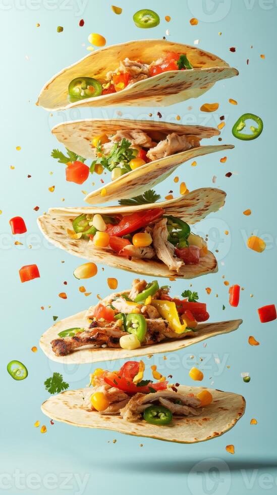 Tasty tortillas with Mexican fillings - chicken, tender beef, and an array of fresh vegetables like sliced bell peppers, onions, and corn. photo