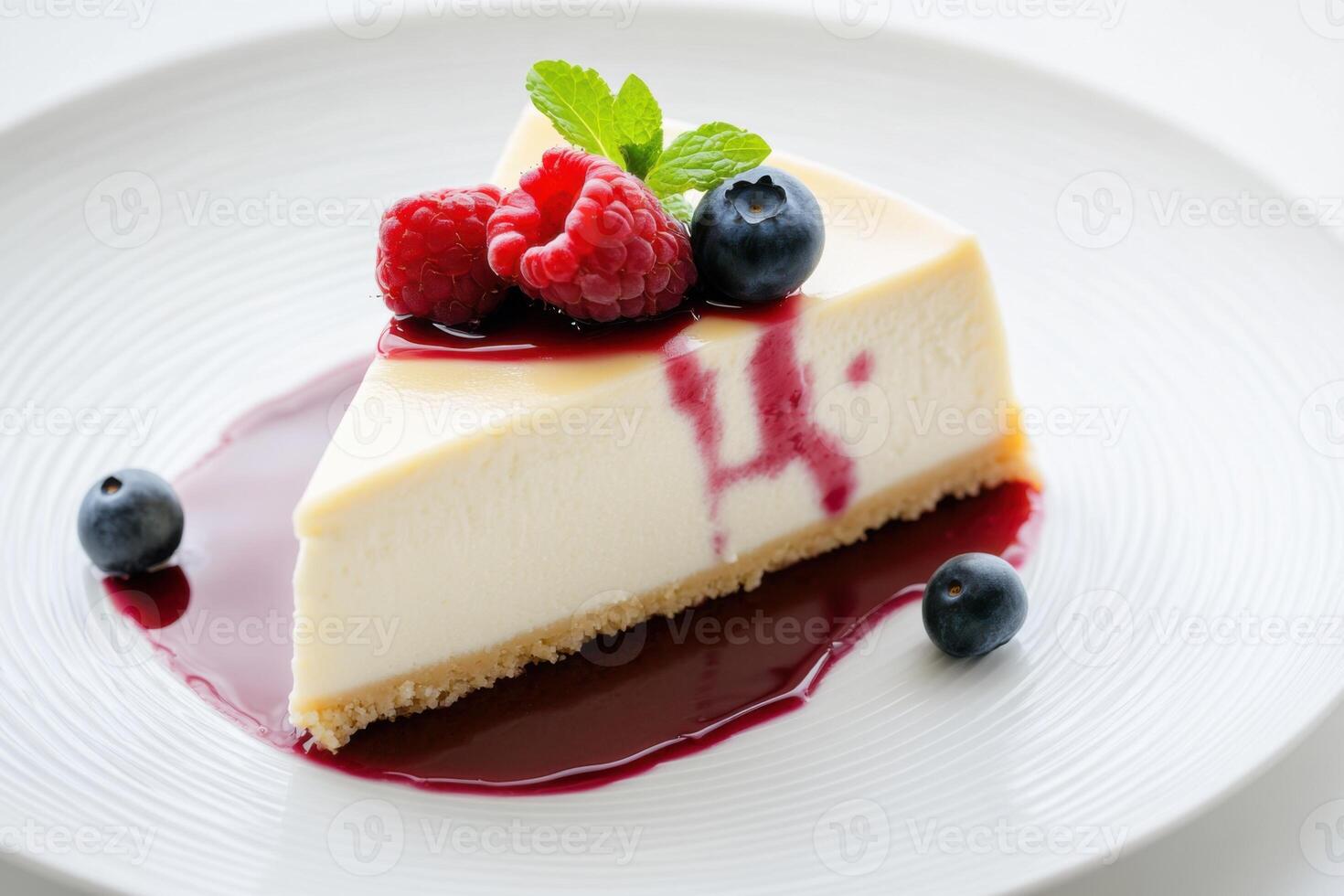 Tasty lemon cheesecake with a glossy finish elegantly topped with fresh, vibrant raspberries and blueberries, and a delicate sprig of mint. photo
