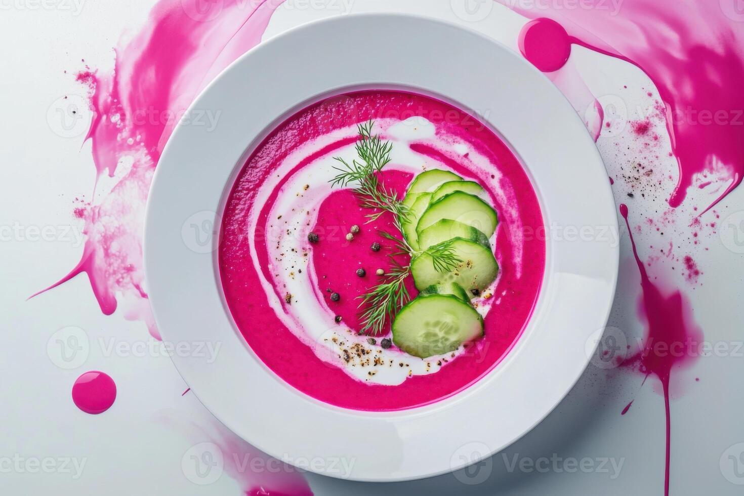 Lithuanian cold beetroot soup, reimagined with modern artistic flair. photo