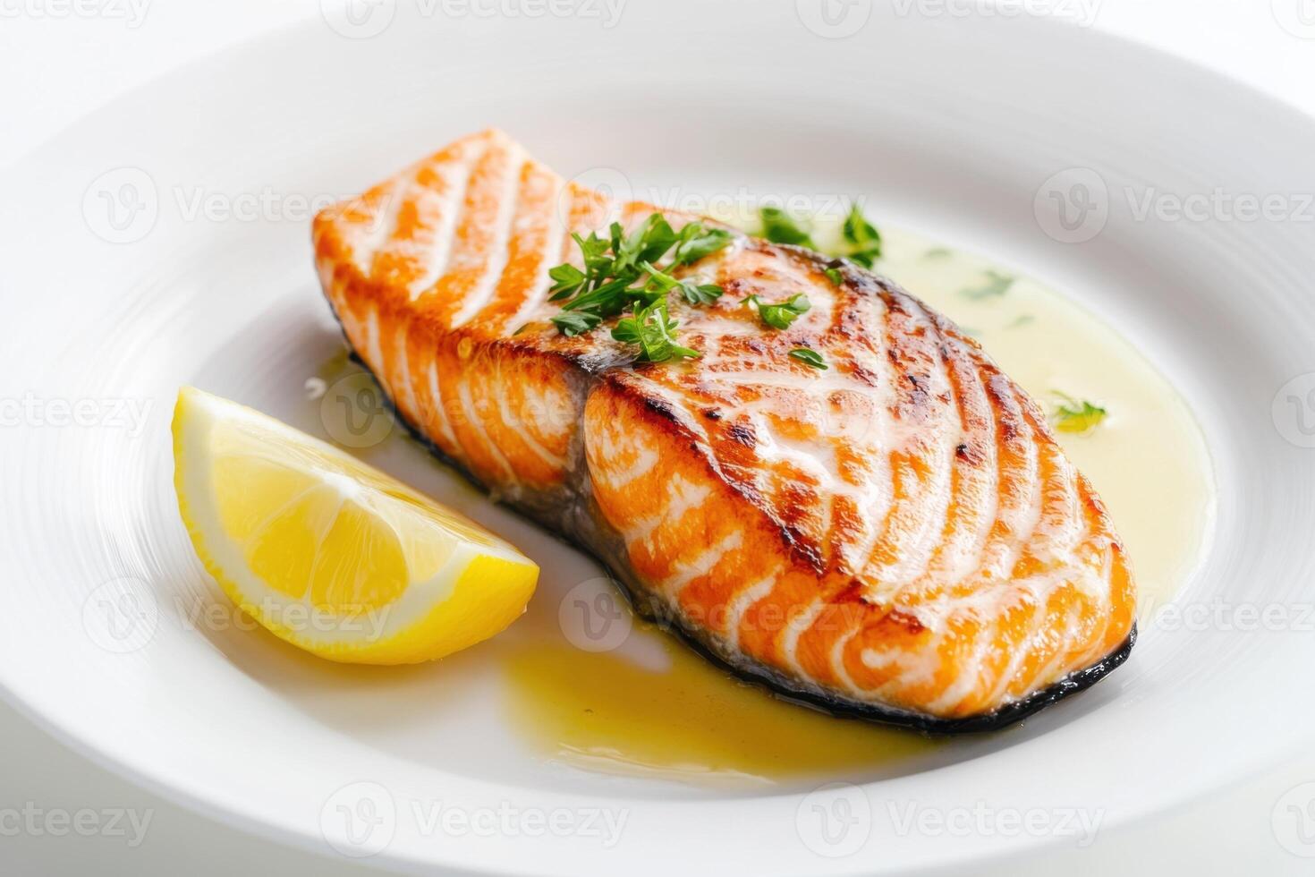 A perfectly seared salmon steak, with a lemon butter sauce, served on a white plate. photo