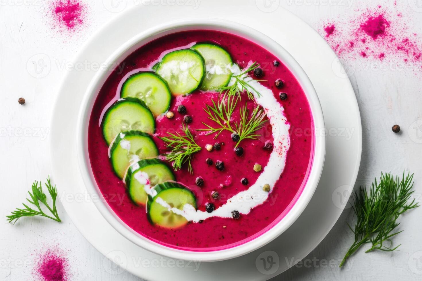 Lithuanian cold beetroot soup, reimagined with artistic flair. photo