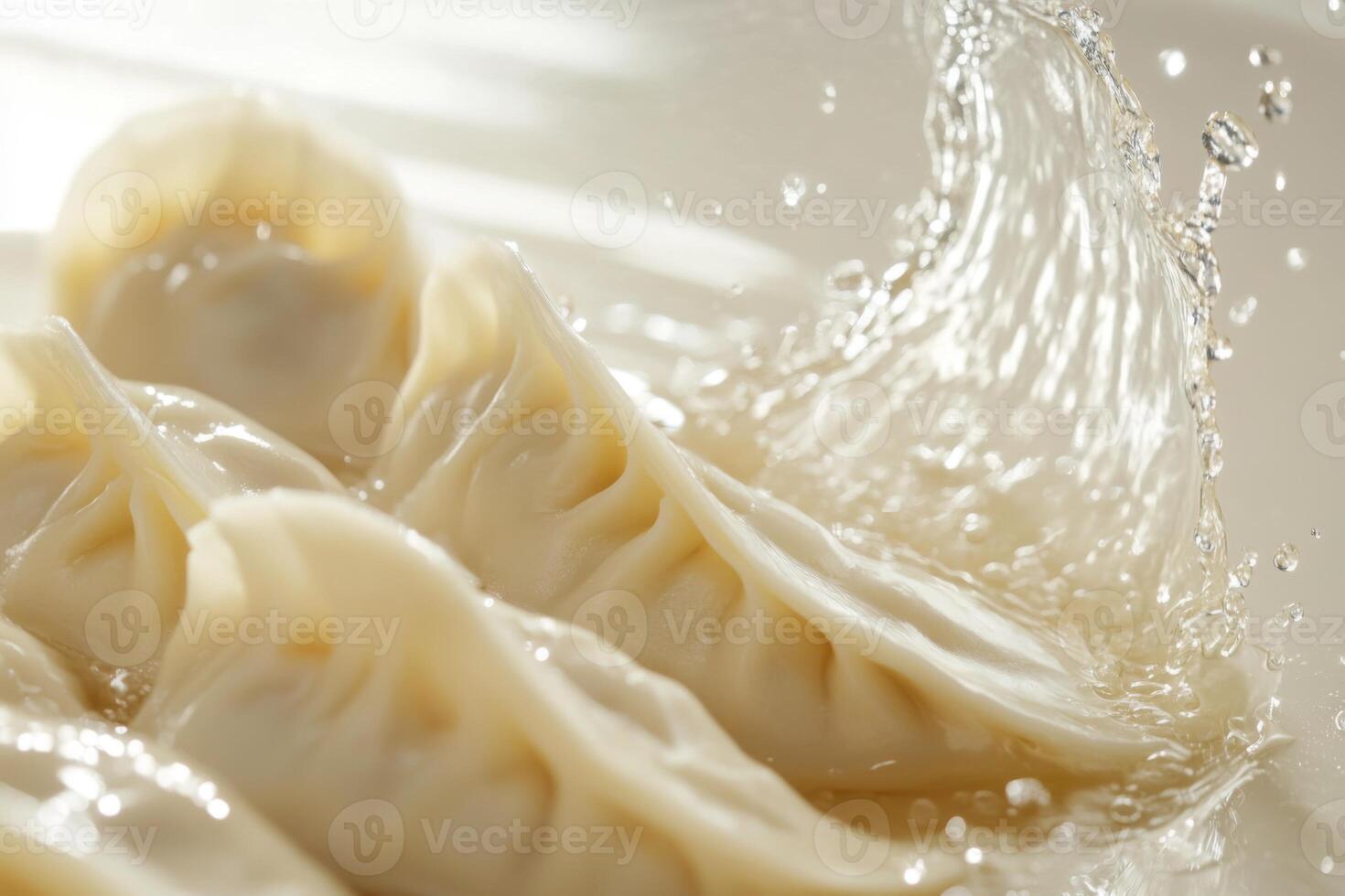 Steamed dumplings nestled in a pool of creamy sauce. The dumplings are arranged y on a sleek white plate. photo