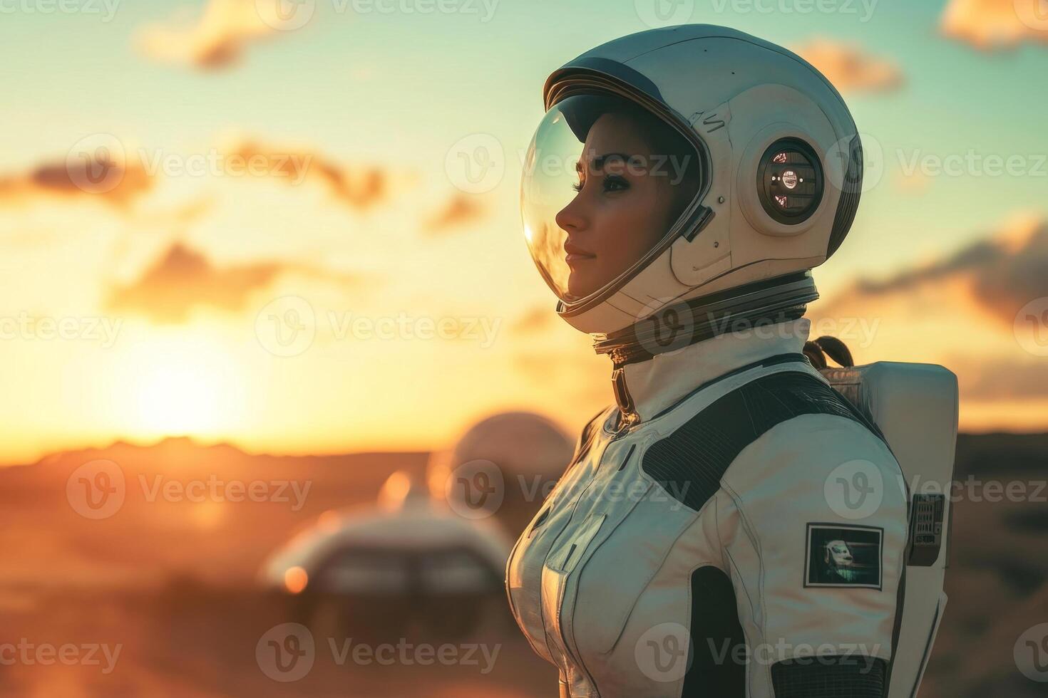 Female astronaut in space helmet looking at sunset on alien planet photo