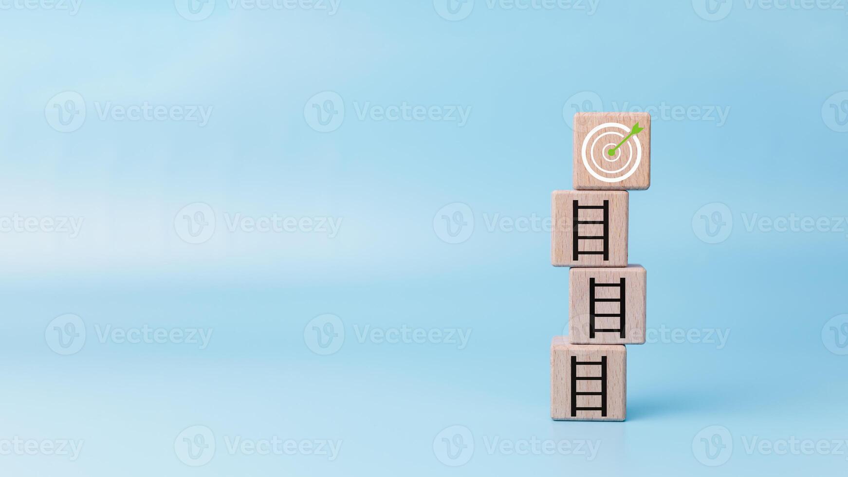 Target board on the top of ladder which print screen on wooden cube block, Setup achievement objective in business finance concept, White dartboard with arrow business objective and goal concept. photo