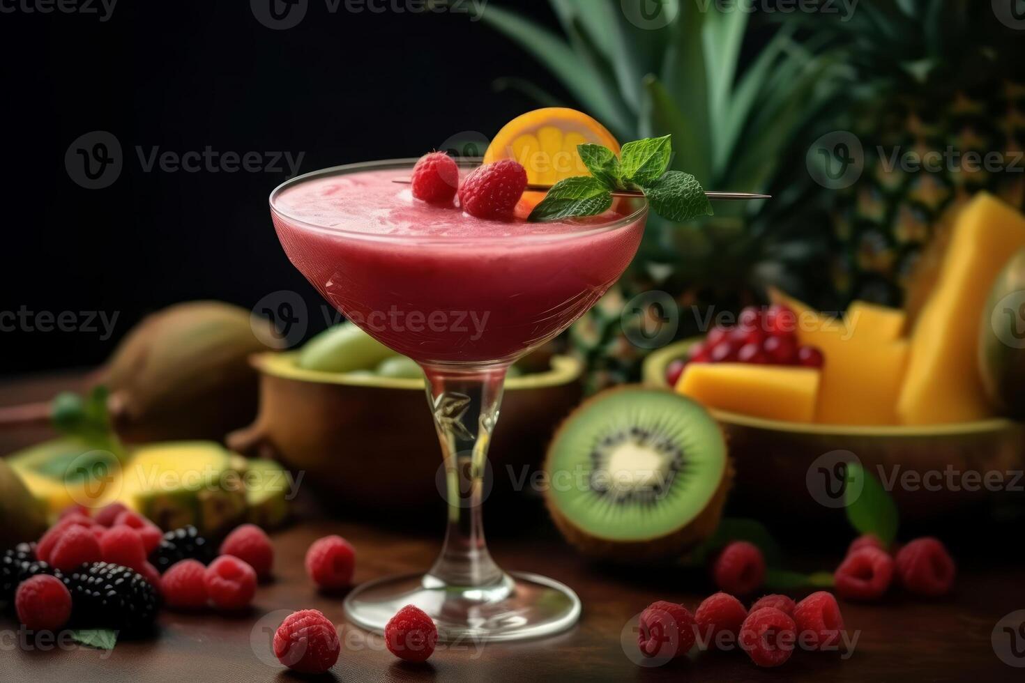 Raspberry smoothie or milkshake drink in glass on the table near fruits and berries photo