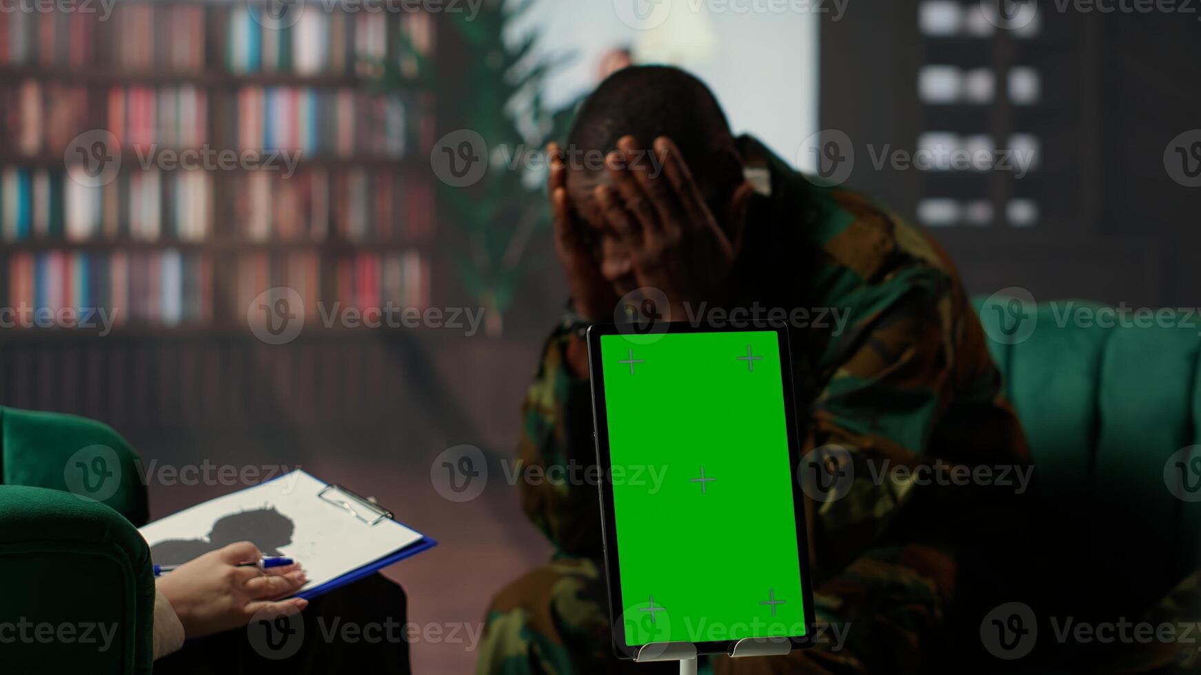 Counseling session for a army war soldier with isolated copy space display, showcasing therapy support for PTSD and reintegration into society. Armed forces soldier with flashbacks. Camera B. photo