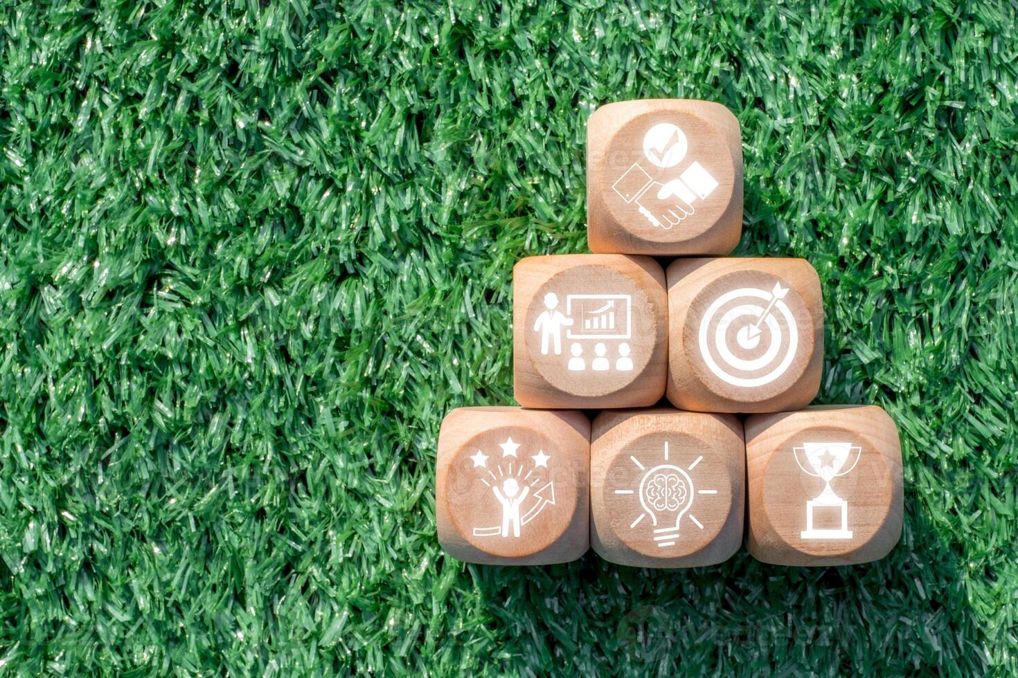 Wooden blocks with mentoring icons on grass, representing guidance, leadership, and success in professional growth. photo