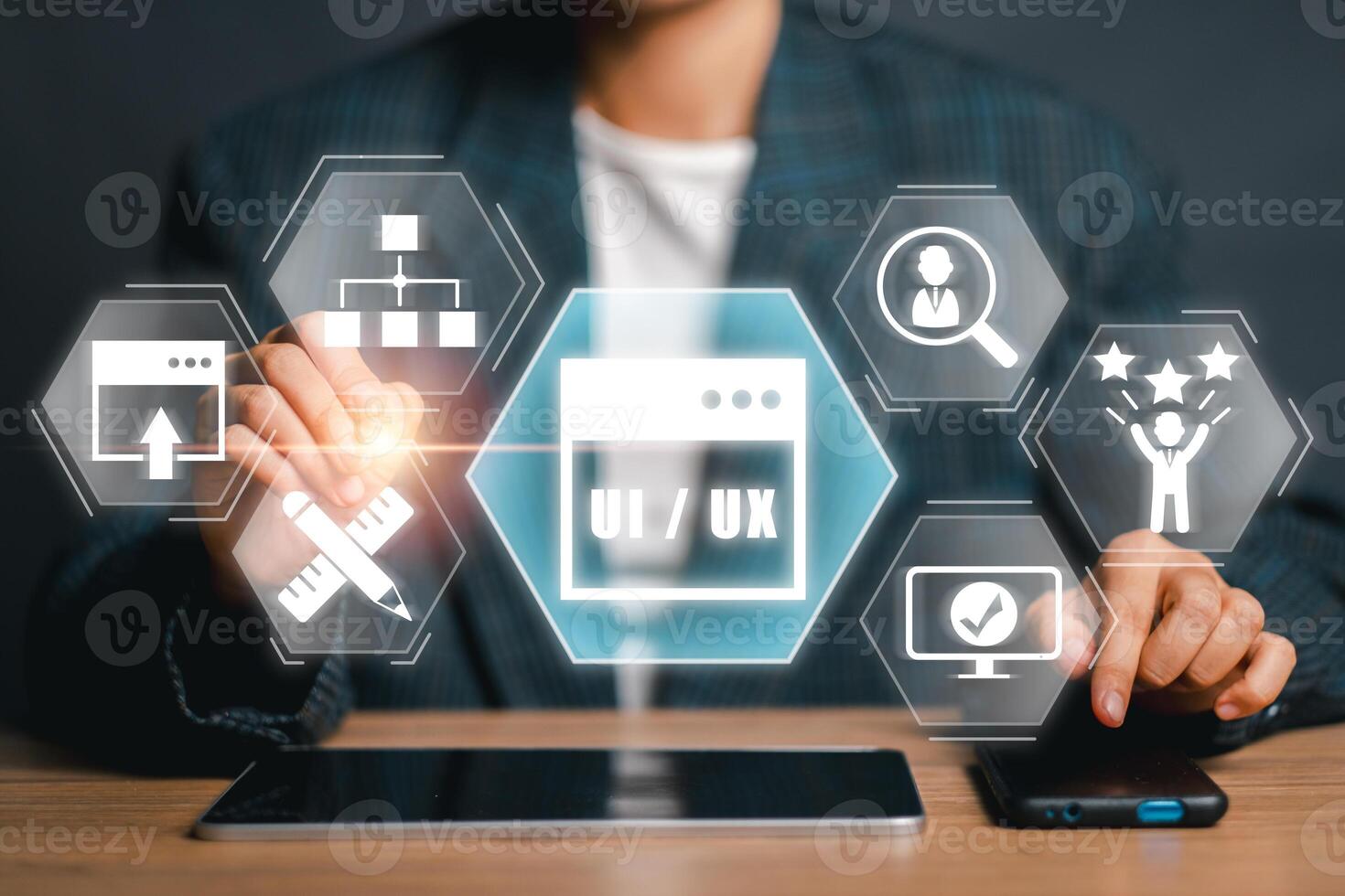 Explore a dynamic UX design concept featuring digital interface elements and user experience icons, perfect for tech and design projects. photo