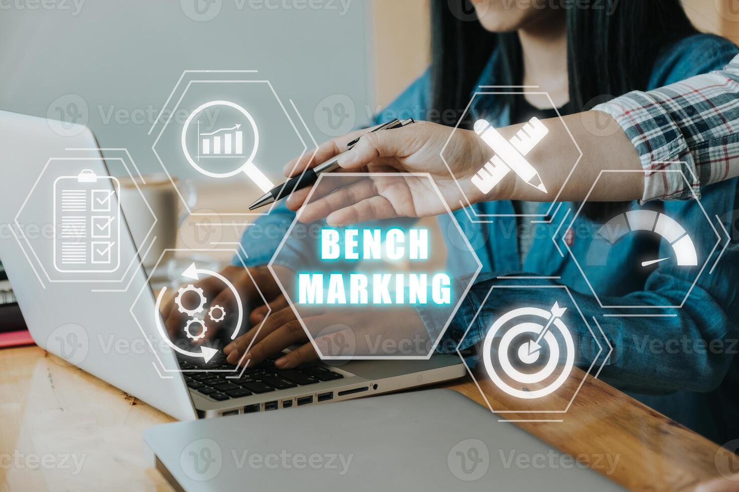 Business concept of benchmark, Business person team working on laptop computer with benchmarking icon on virtual screen, Business, Technology, Internet and network. photo
