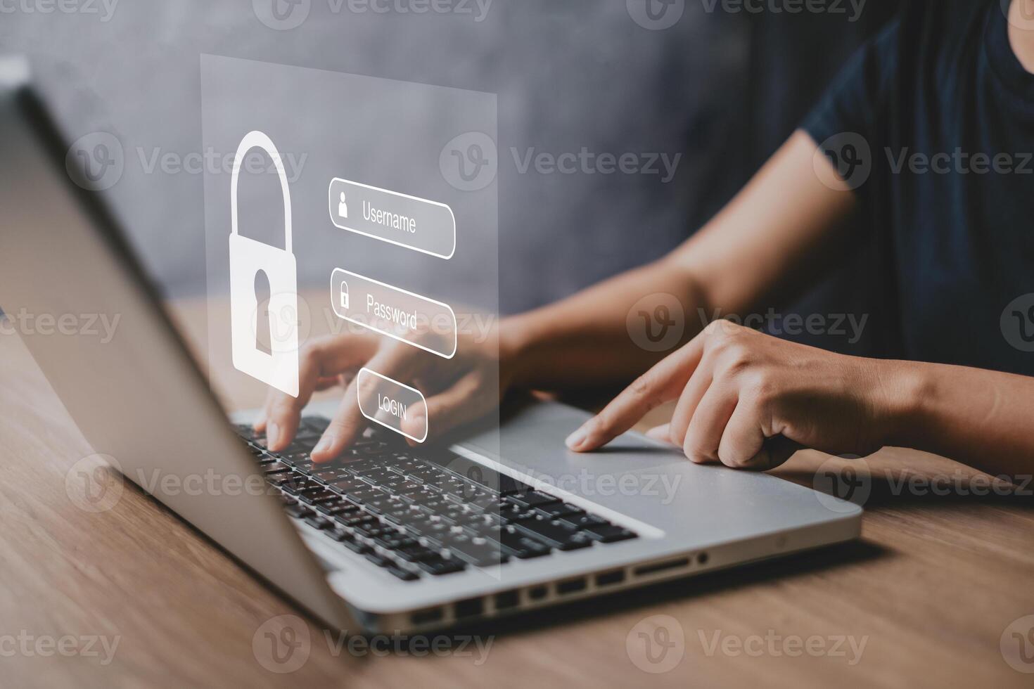 Woman hand typing on keyboard with login and password on screen display, cyber security concept, data protection and secured internet access. photo