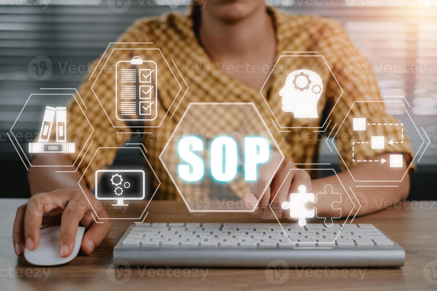 SOP, Standard Operating Procedure concept, Business woman working on computer with SOP icon on virtual screen. photo