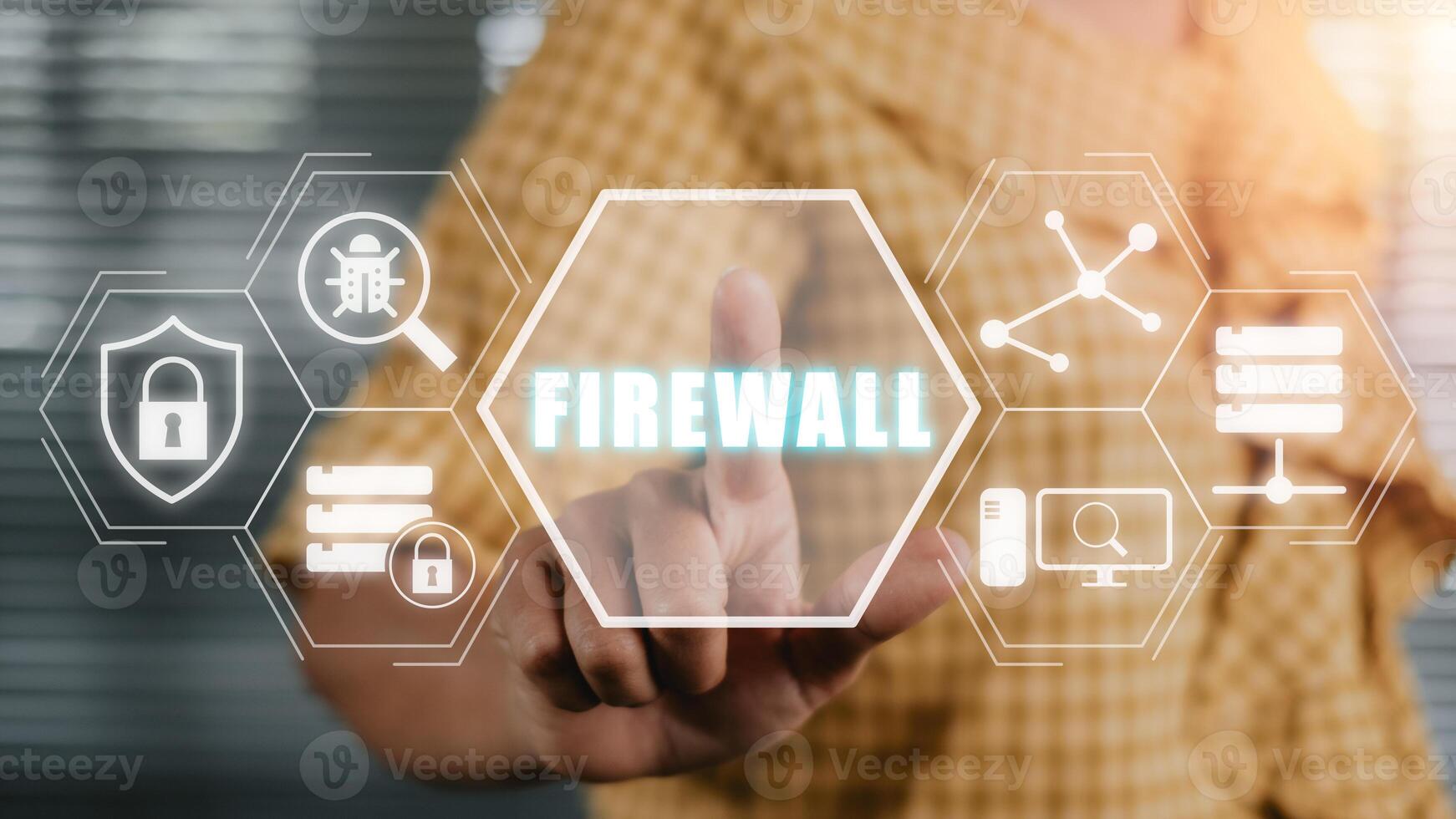 Firewall computing security concept, Person hand touching Firewall icon on virtual screen, Business, Technology, Internet and network. photo