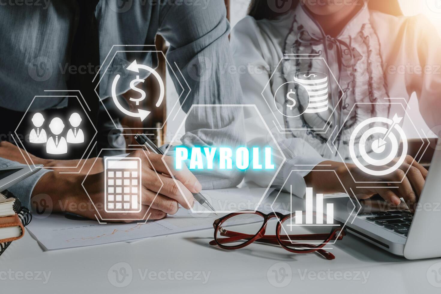 Payroll business finance concept, Business team analyzing financial data with Payroll icon on VR screen, Financial, accounting. photo