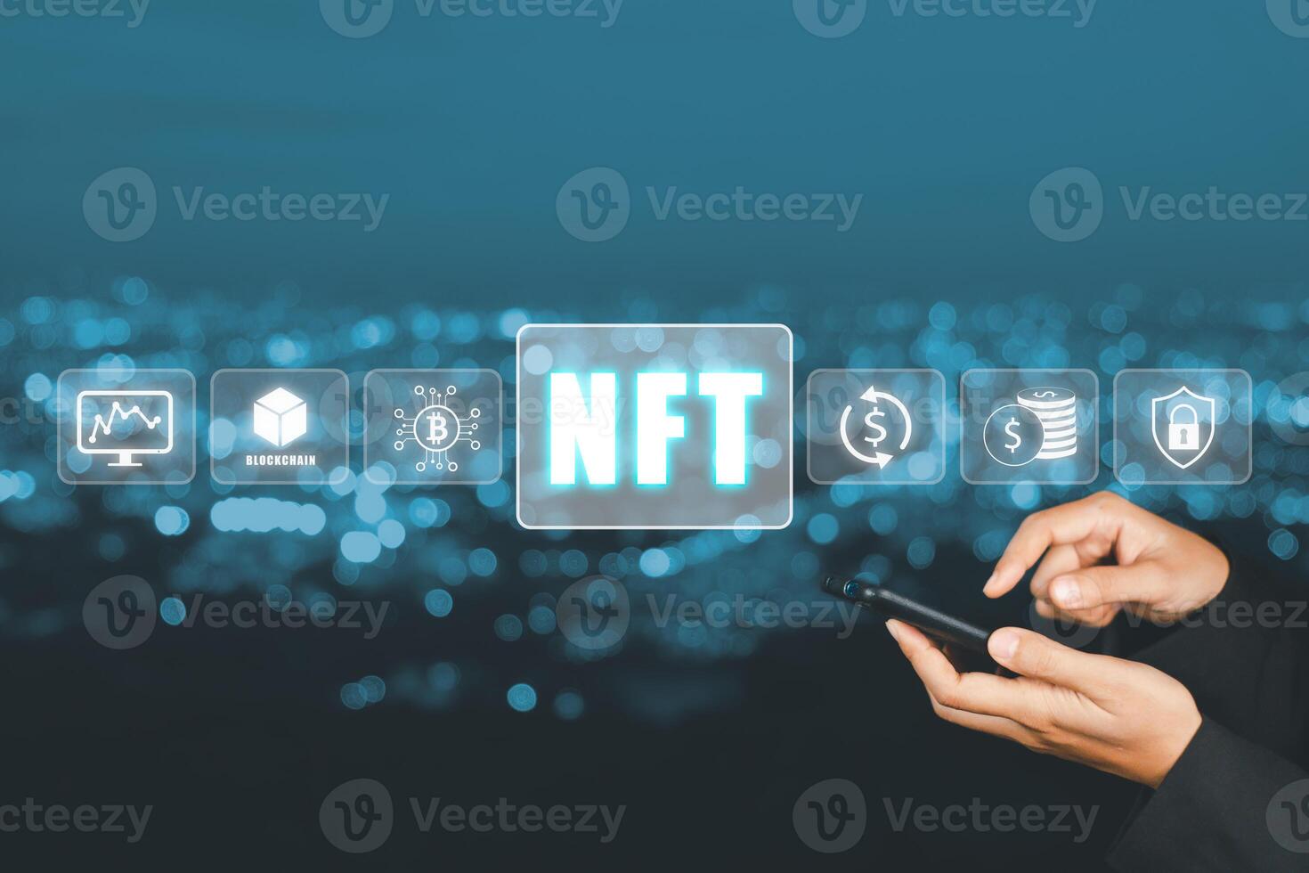 NFT token digital crypto art blockchain technology concept, Person hand using smart phone with NFT icon on virtual screen. photo