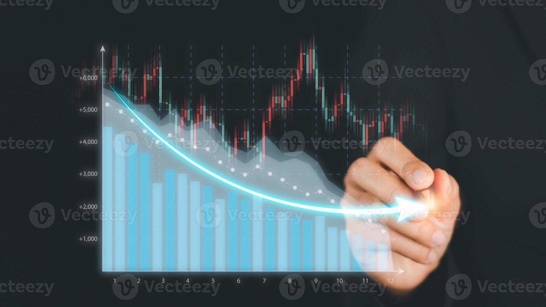 Cost reduction business finance concept, Business woman hand pointing graph cost reduction on virtual screen, costs optimization business concept. photo