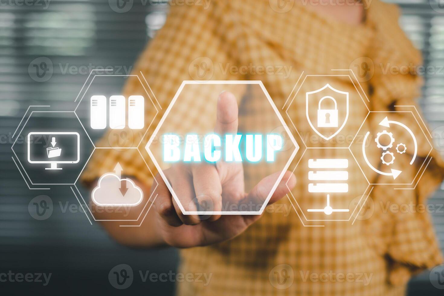 Backup storage data internet technology business concept, Person hand touching backup icon on virtual screen. photo