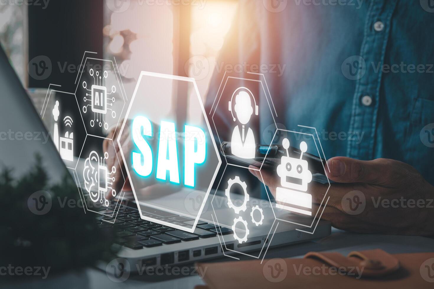 SAP System Software Automation concept, Person hand using smartphone with SAP icon on virtual screen. Business, modern technology, internet and networking concept photo