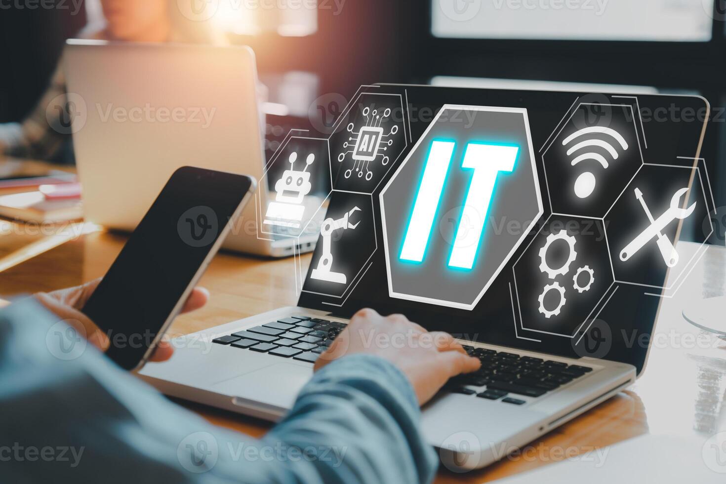 Consulting business concept, Business person hand typing keyboard with VR screen IT Consulting icon, robotic process automation, marketing dashboard. photo