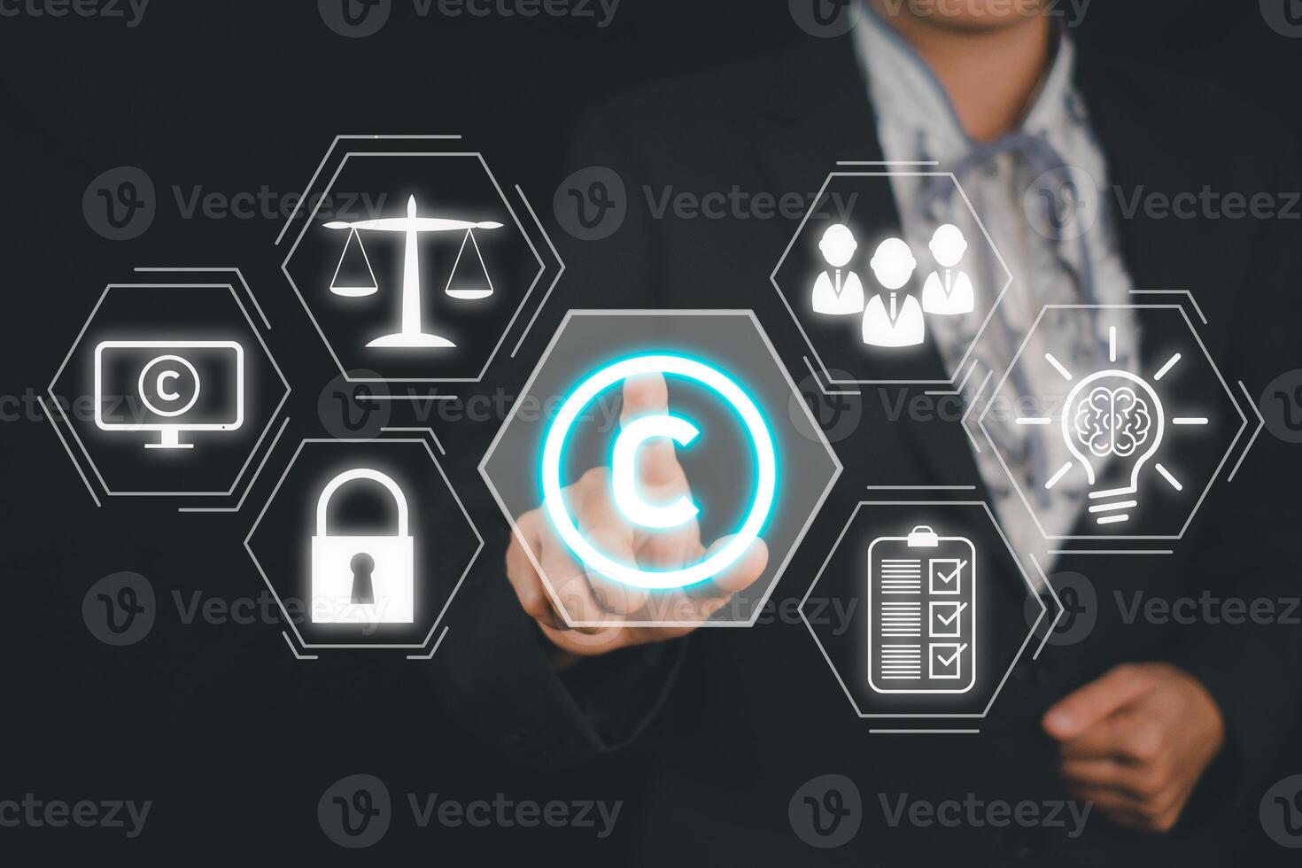 Copyright or patent concept, Businesswoman hand touching VR screen copyright icon background, Copyleft trademark license, Creation ownership against piracy crime. photo