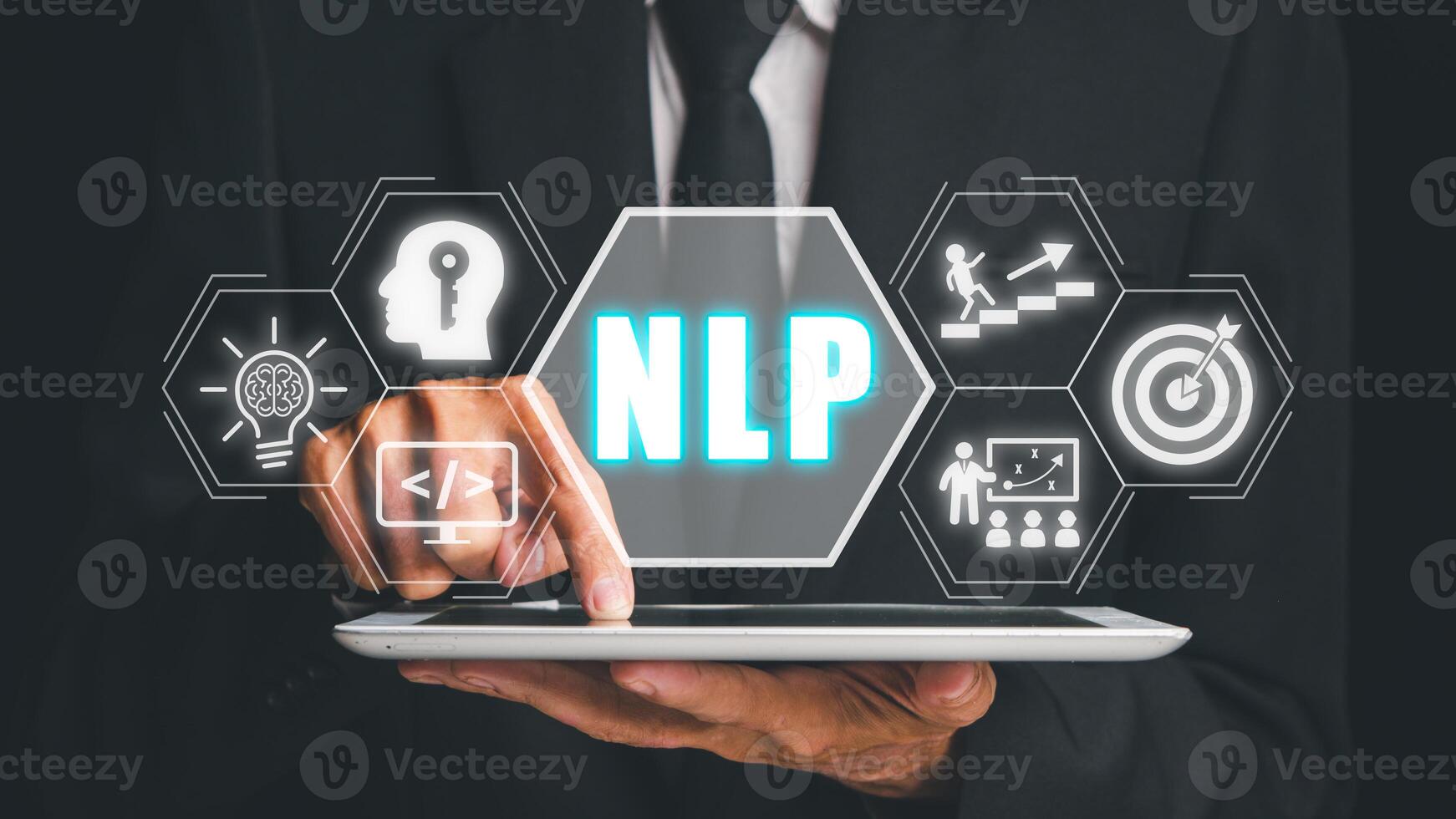 NLP natural language processing cognitive computing technology concept, Business person using digital tablet with VR screen NLP icon, AI Artificial intelligence. photo