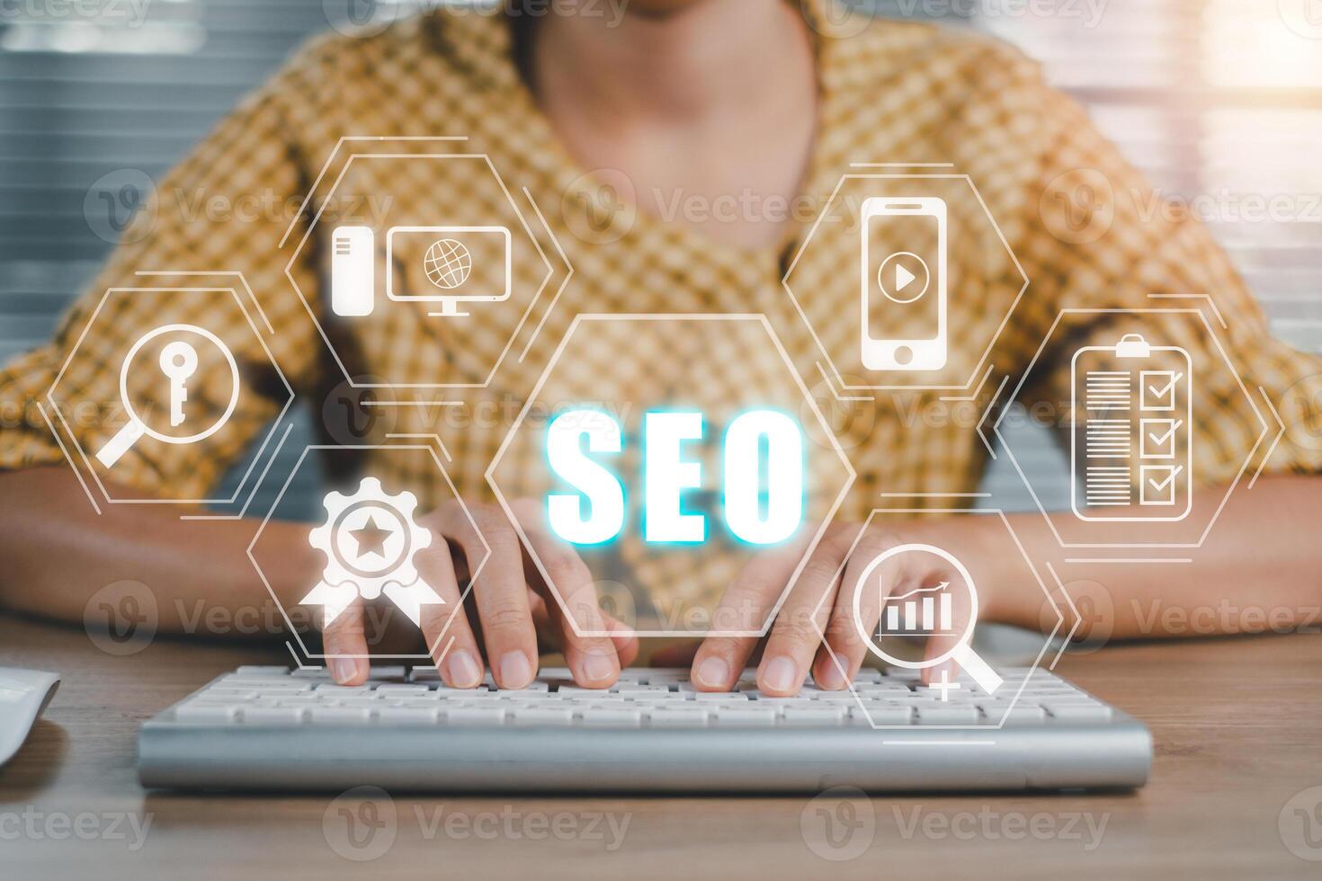 SEO Concept, Search Engine Optimization, Woman hand typing keyboard computer with VR screen seo icon, concept for promoting ranking traffic on website. photo