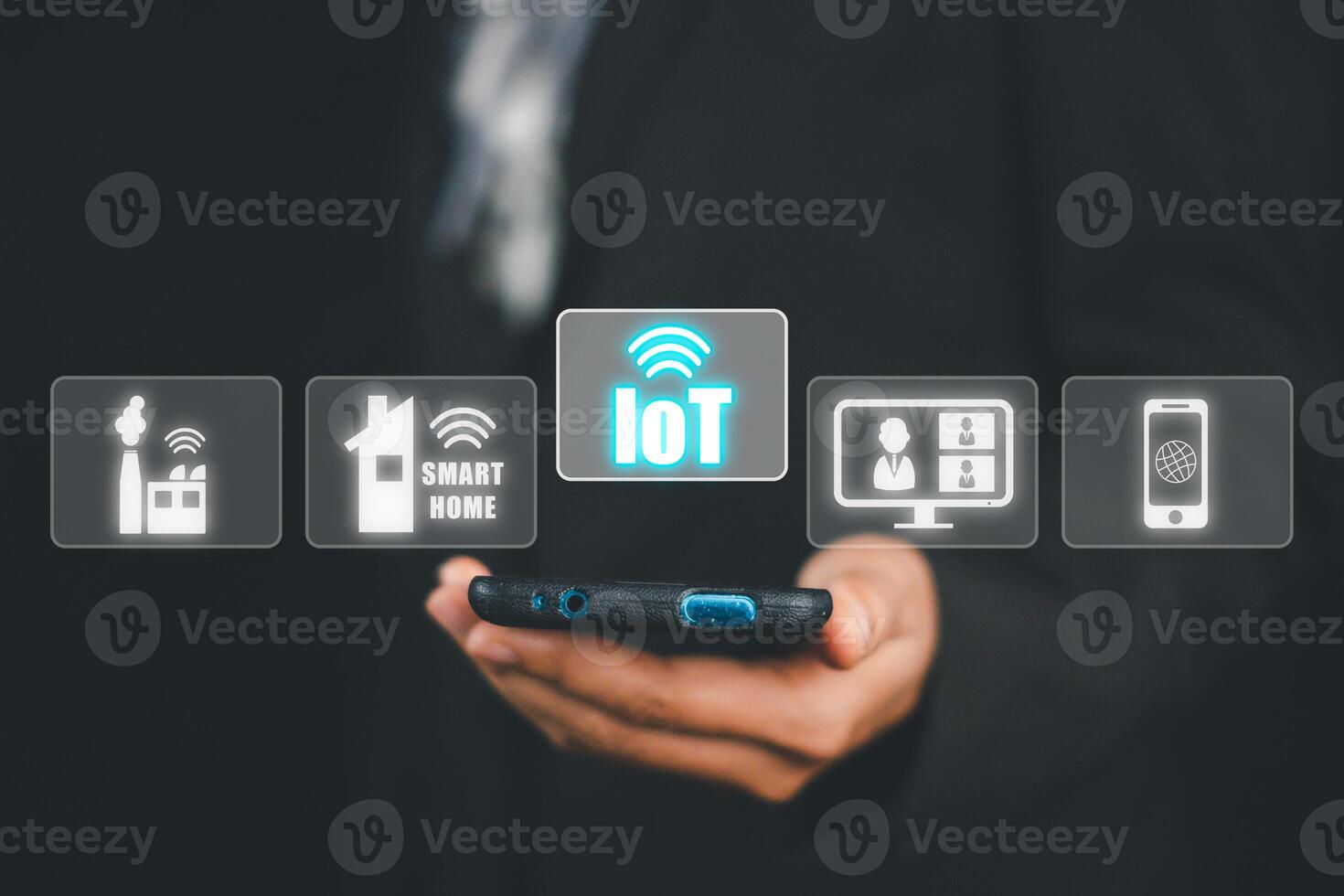 IOT Internet of things, Businesswoman using smart phone with VR screen Internet of things icon background, Digital transformation, Modern technology concept. photo