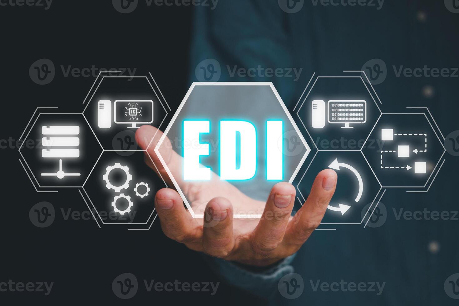 EDI, Electronic data interchange concept, Person hand holding Electronic data interchange icon on virtual screen. photo