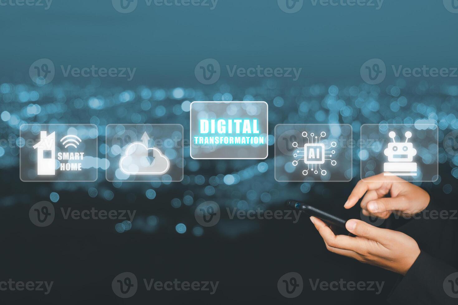 Digital transformation and digitalization technology concept, Young business woman working on smartphone with virtual screen digital transformation icon on blue bokeh background. photo