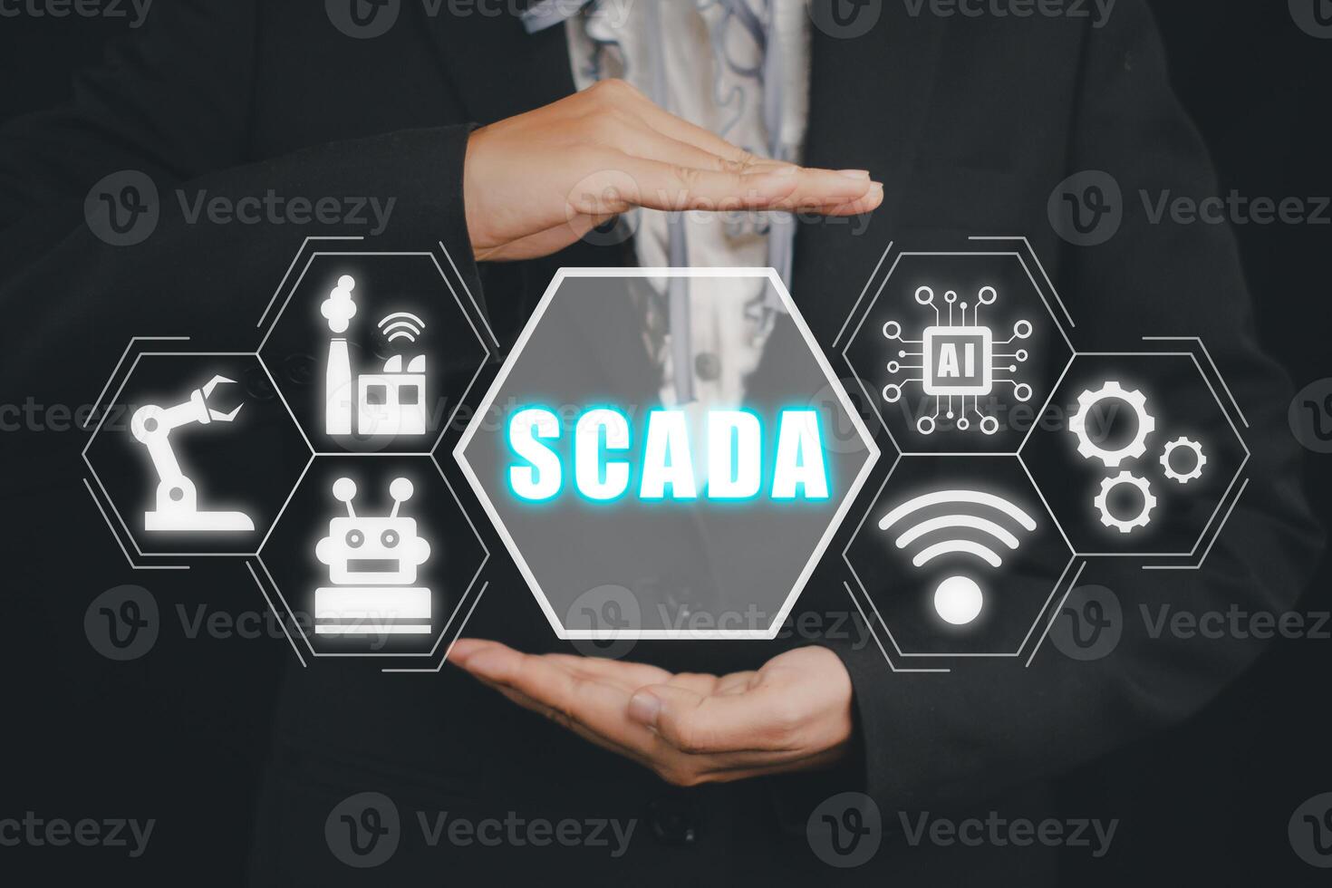 SCADA Supervisory control and data acquisition technology concept, Person hand holding SCADA icon on virtual screen. photo