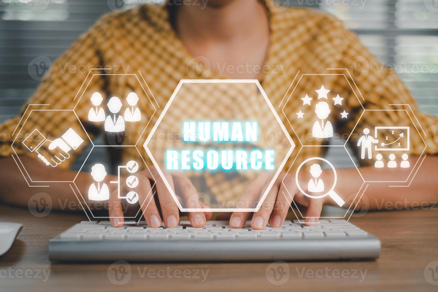 Business woman using computer for selection human resource on a virtual screen interface to company. Human resource management, HR, recruitment, leadership and teambuilding. photo