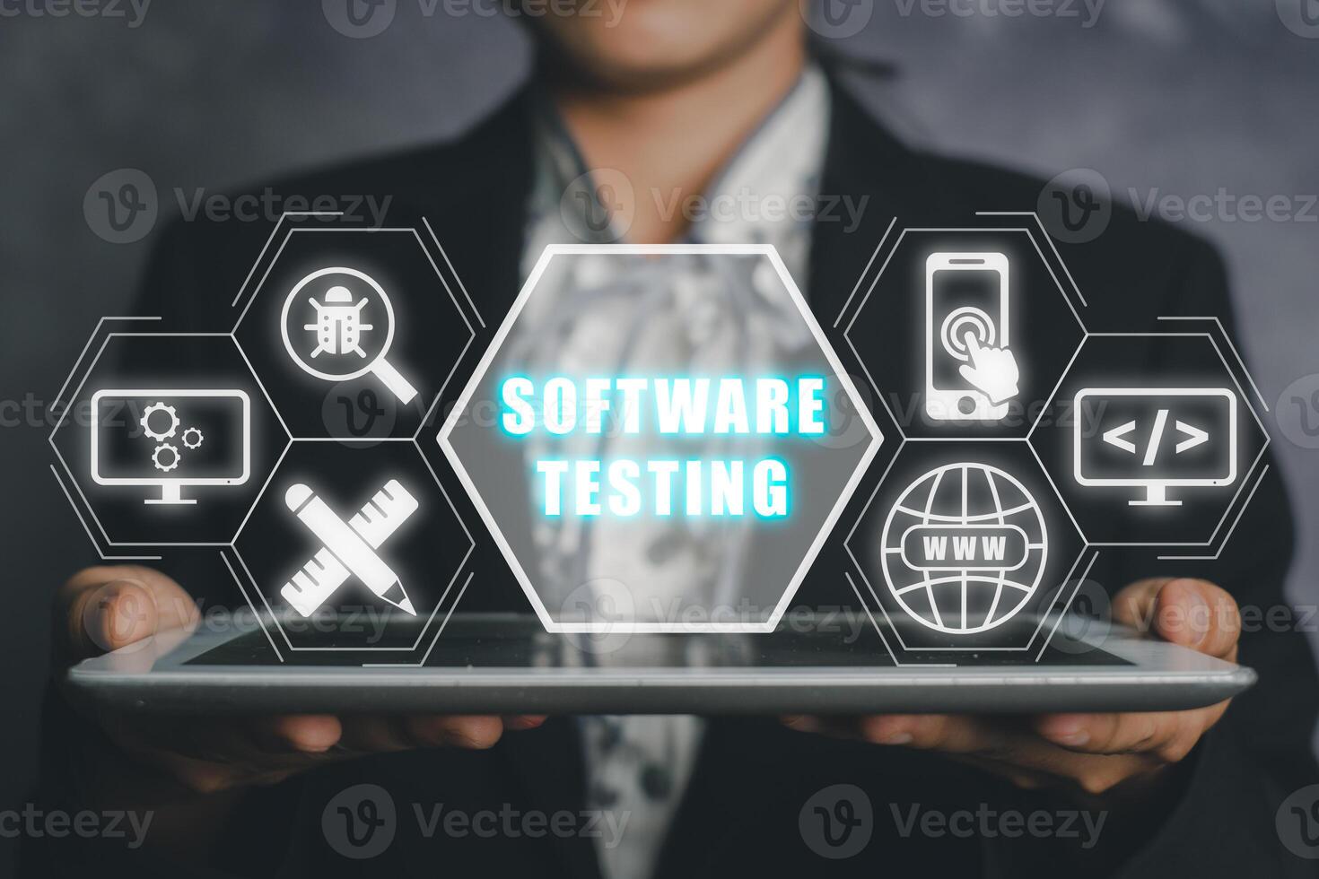 Woan hand using tablet with Software Testing inscription icon on VR screen, Business, modern technology, internet and networking concept. photo
