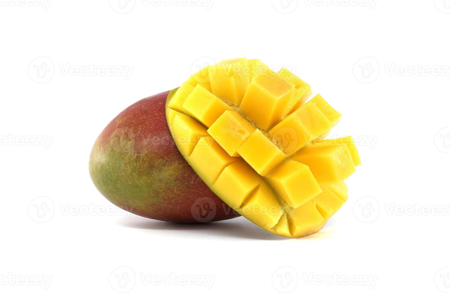 Fresh Mango with Juicy Cubes Ready to Eat Isolated on White Background photo